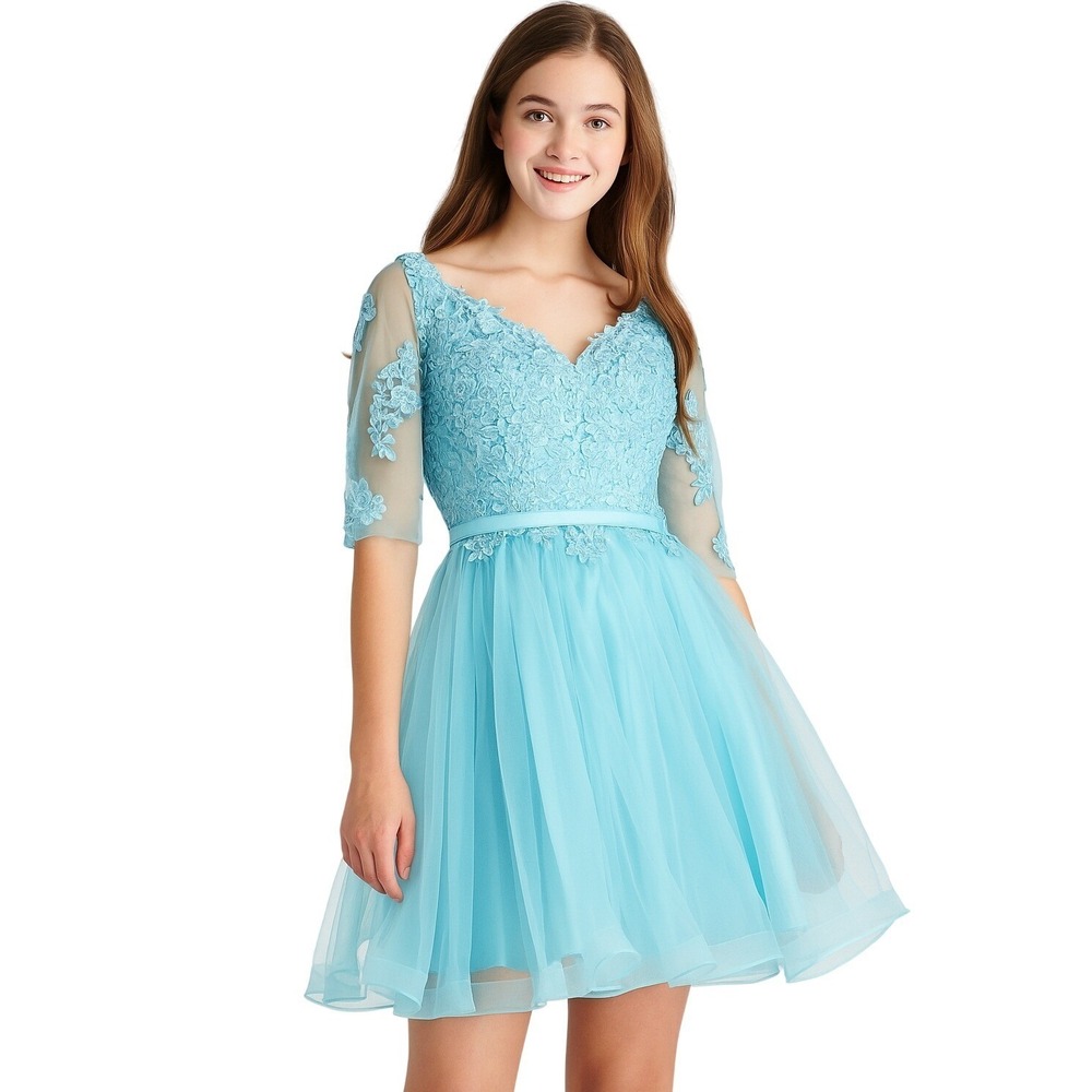 Lace Tulle Fit & Flare Mini Dress Size 8 Blue Turquoise Homecoming Regencycore